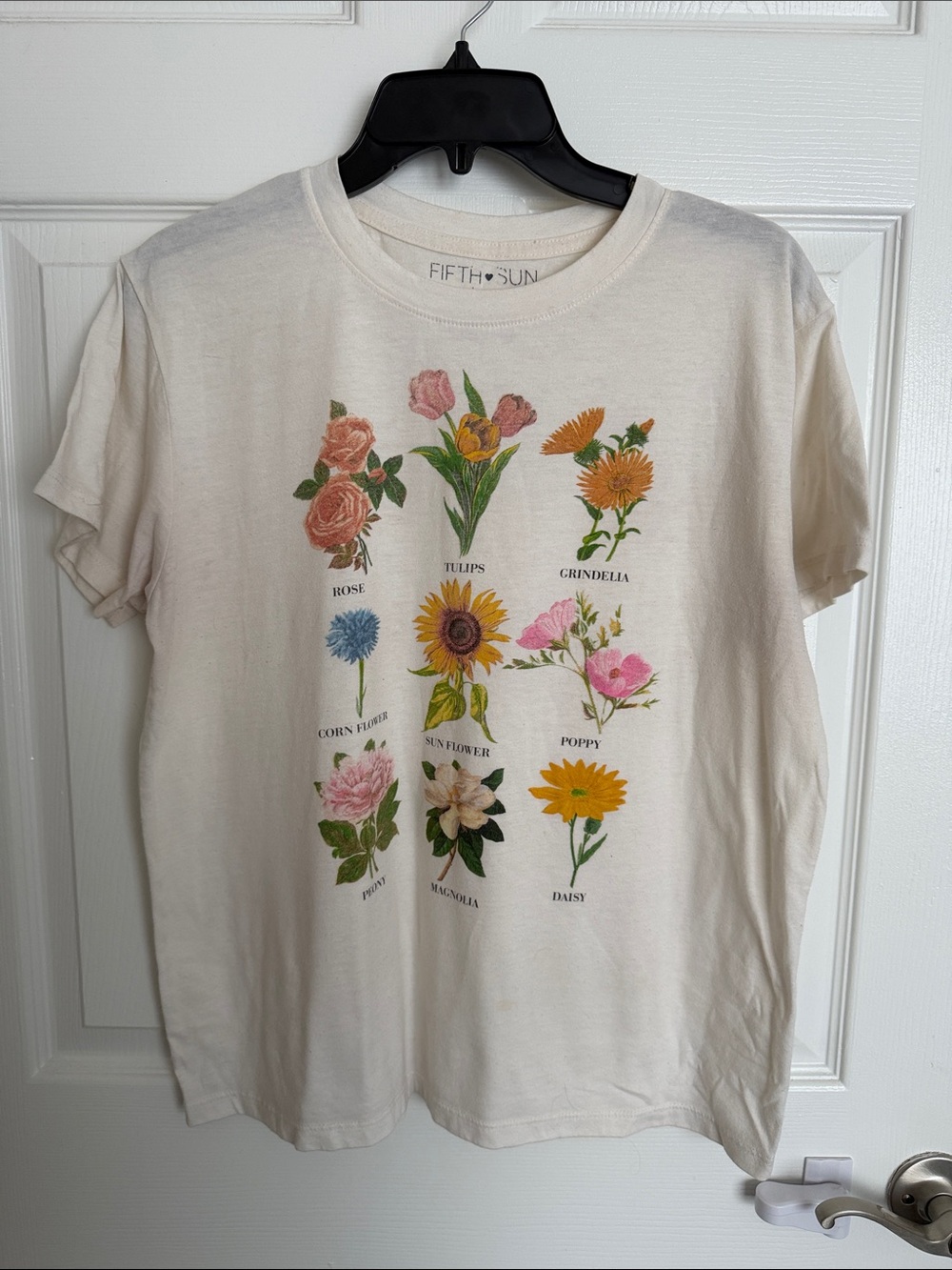 Fifth Sun Cream Tee with Botanical Flower Grid